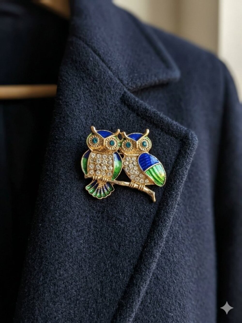 Gold Tone Twin Owl Brooch Blue Green Enamel Rhinestone Pin